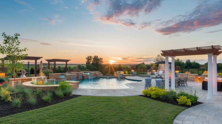 Vibrant outdoor living space in Newmarket with pool, garden, and stylish hardscape elements.